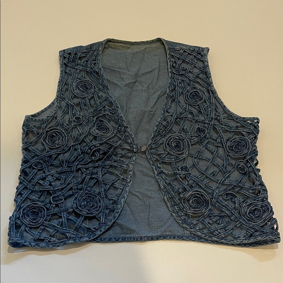 Tops - Vintage Intricate Blue Denim Vest with Floral Patterns
